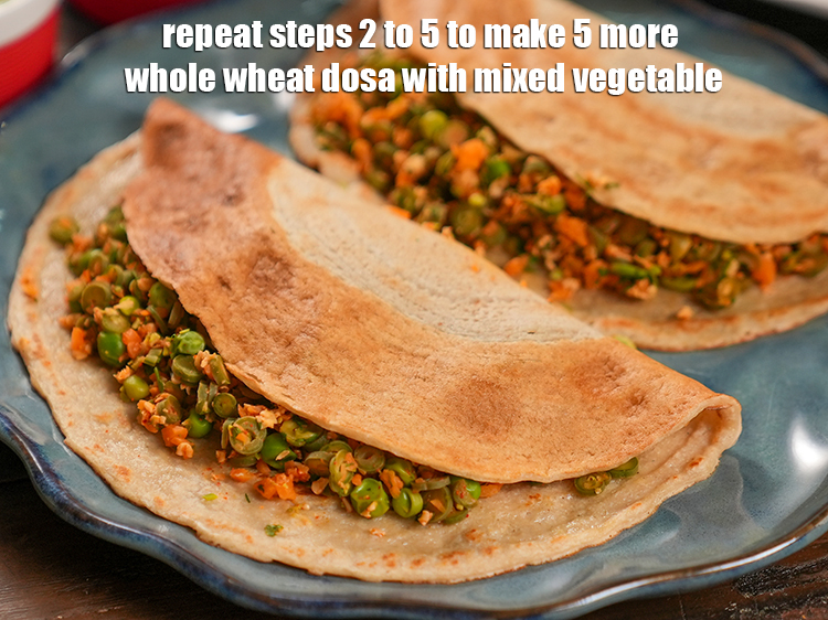 Step 26 – Repeat steps 2 to 5 to make 5 more whole wheat dosa with mixed vegetable.