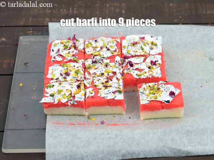 Step 26 – Cut the barfi into 9 equal pieces.