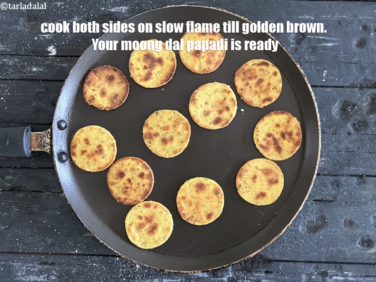 Step 35 – Cook both sides on slow flame till golden brown. Your <strong>moong dal papadi</strong> is ready. …