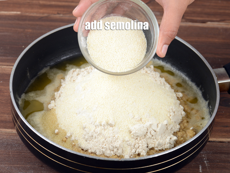 Step 26 – Add 1/4 cup <a href="https://www.tarladalal.com/glossary-semolina-sooji-rava-rawa-603i">semolina (rava / sooji)</a>.