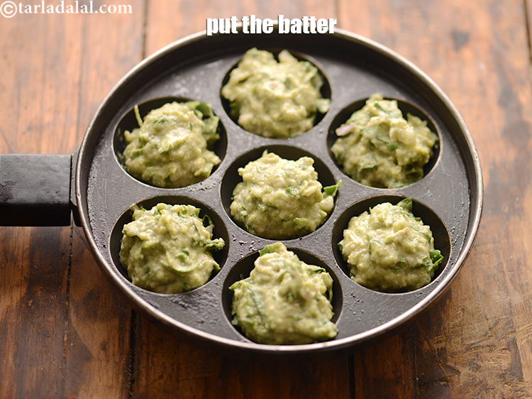 Step 35 – Put approx. 1 tbsp of the batter in each of the 7 appe moulds.