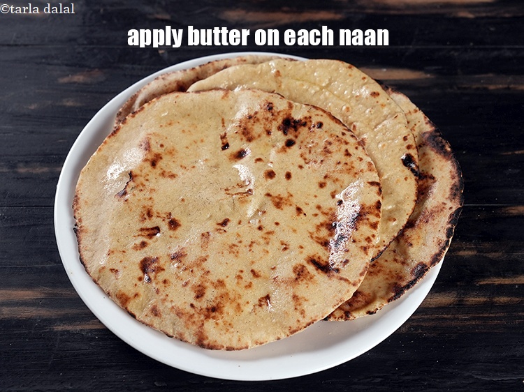 Step 27 – Repeat steps 5 to 7 to make 5 more naans. Brush each naan with &frac14; …