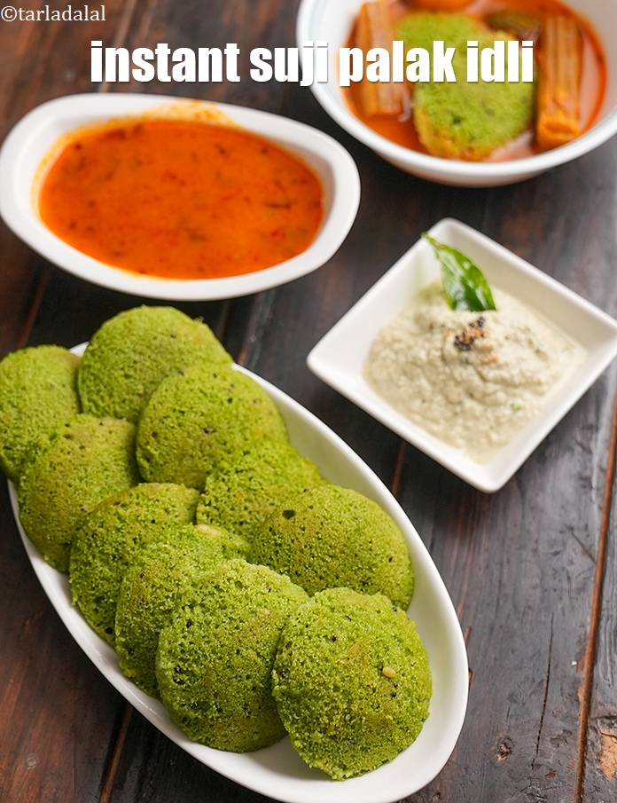 Step 27 – Serve <strong>palak rava idli</strong> hot with sambhar and coconut chutney.