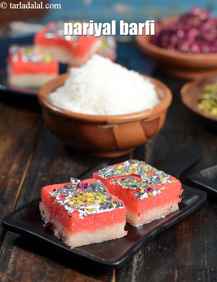 Step 27 – Serve <strong>coconut barfi recipe | nariyal barfi | layered coconut barfi | rose coconut barfi …