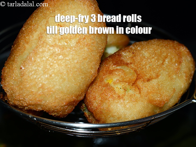 Step 26 – Deep-fry 3 bread rolls at a time till they turn golden brown in colour from …