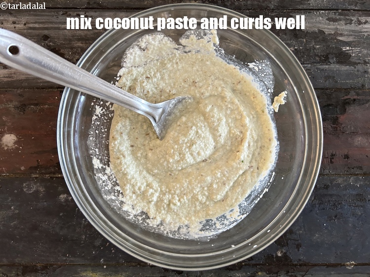 Step 27 – Mix coconut paste and curds&nbsp;well.