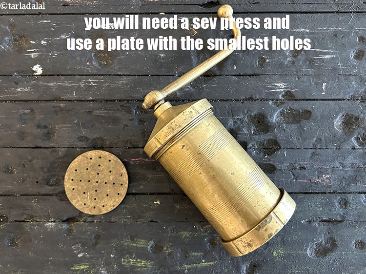 Step 42 – To make Omapodi (sev ), you will need a sev press and a plate with …