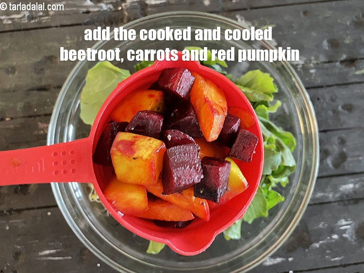 Step 29 – Add the cooked and cooled beetroot, carrots and red pumpkin.