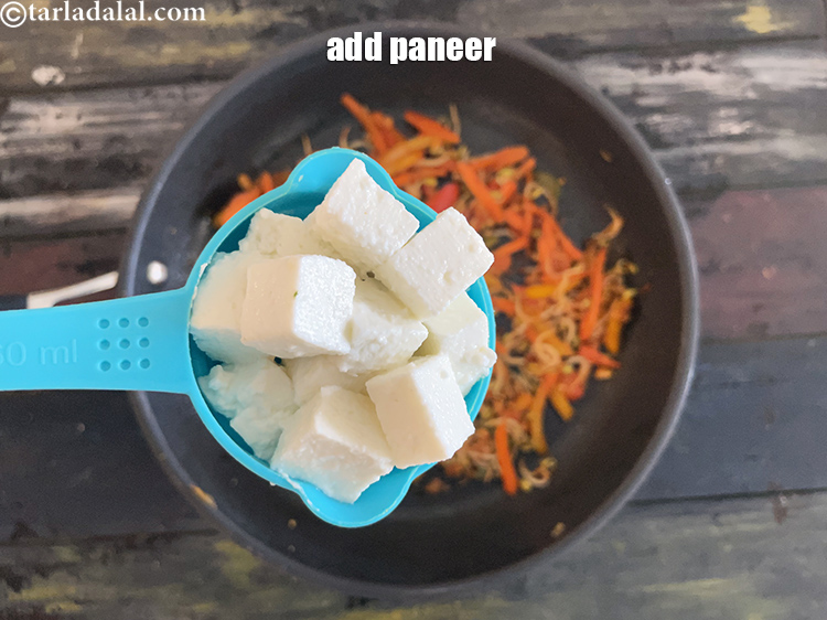 Step 29 – Add 3/4&nbsp;cup&nbsp;<a href="glossary-paneer-cubes-cottage-cheese-cubes-1002i">paneer (cottage cheese)</a>&nbsp;or&nbsp;<a href="glossary-tofu-cubes-1050i">tofu</a>&nbsp;(bean curd/ soya paneer) cubes.