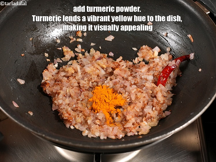Step 29 – Add &frac12; tsp <a href="https://www.tarladalal.com/glossary-turmeric-powder-haldi-645i">turmeric powder (haldi)</a>. Turmeric lends a vibrant yellow hue to the …