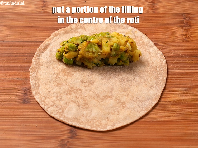 Step 31 – Put a portion of the filling in the centre of the roti.