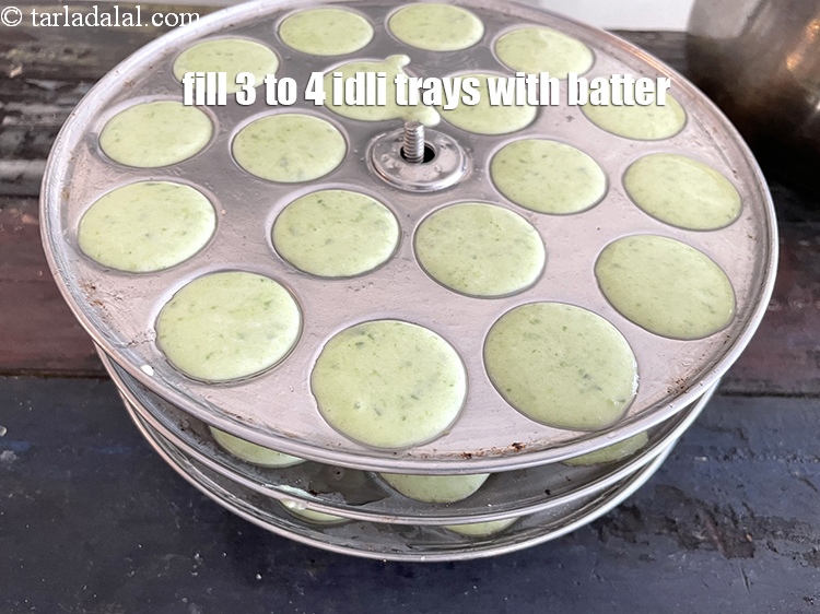 Step 30 – Fill 3 to 4 mini idli trays with the batter.