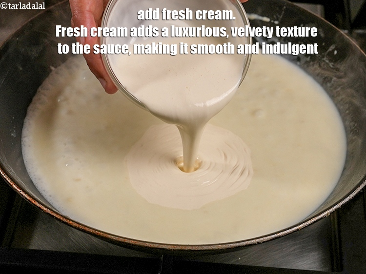 Step 31 – Add &frac12; cup <a href="https://www.tarladalal.com/glossary-fresh-cream-1877i">fresh cream</a>. Fresh cream adds a luxurious, velvety texture to the …