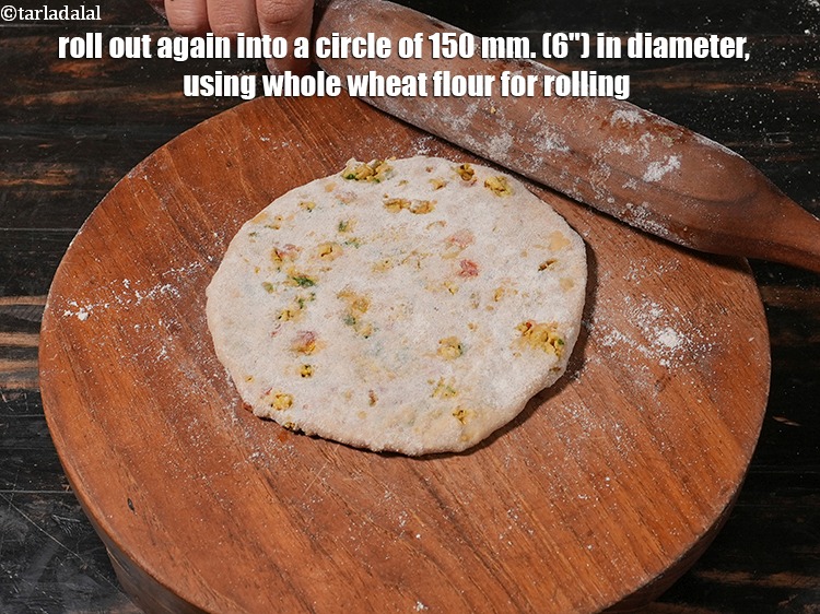 Step 38 – Roll out again into a circle of 150 mm. (6&quot;) in diameter, using whole wheat …