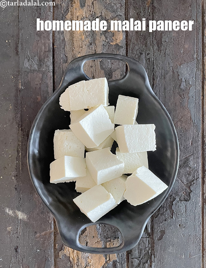 Step 40 – &nbsp;Use<strong> malai paneer</strong>&nbsp;when required. <strong>One litre full fat milk gives 302 grams of malai&nbsp;paneer.</strong>
