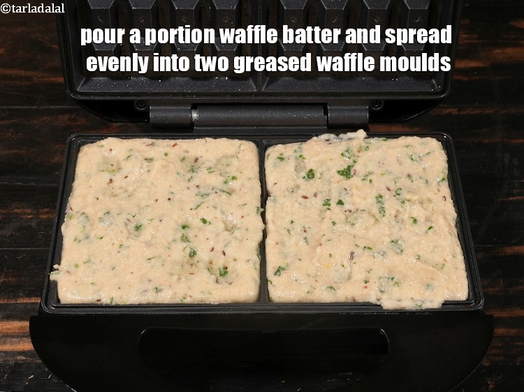 Step 32 – Pour a portion waffle batter and spread evenly into two greased waffle moulds.
