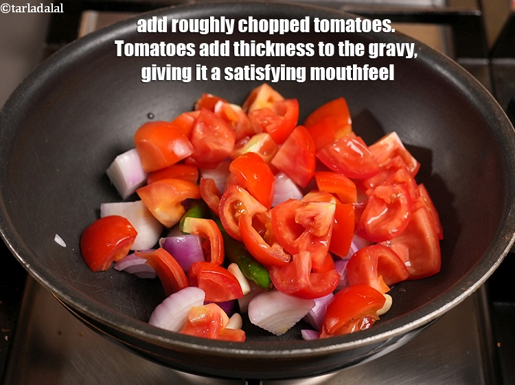 Step 32 – Add 1&frac12; cups roughly chopped tomatoes.&nbsp;Tomatoes add thickness to the gravy, giving it a satisfying …