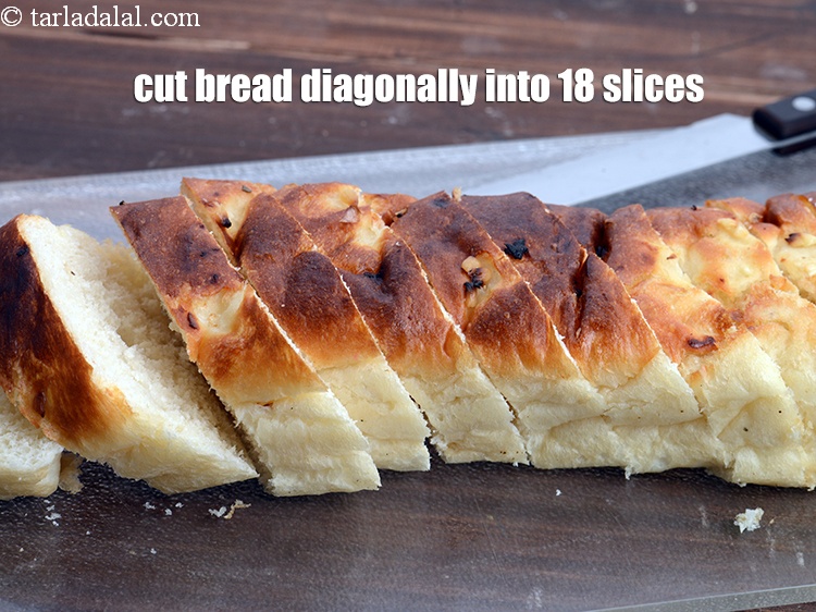 Step 4 – Cut the bread diagonally into 18 slices.