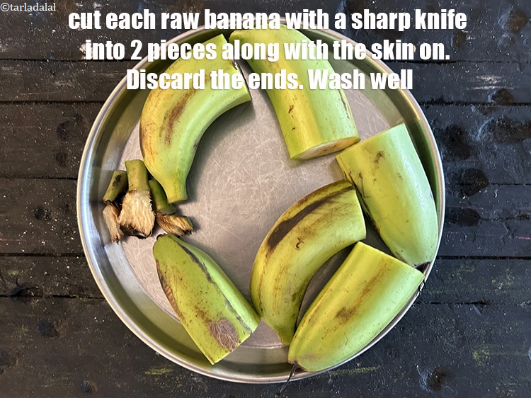 Step 4 – To parboil raw bananas, cut each banana with a sharp knife into 2 pieces along …