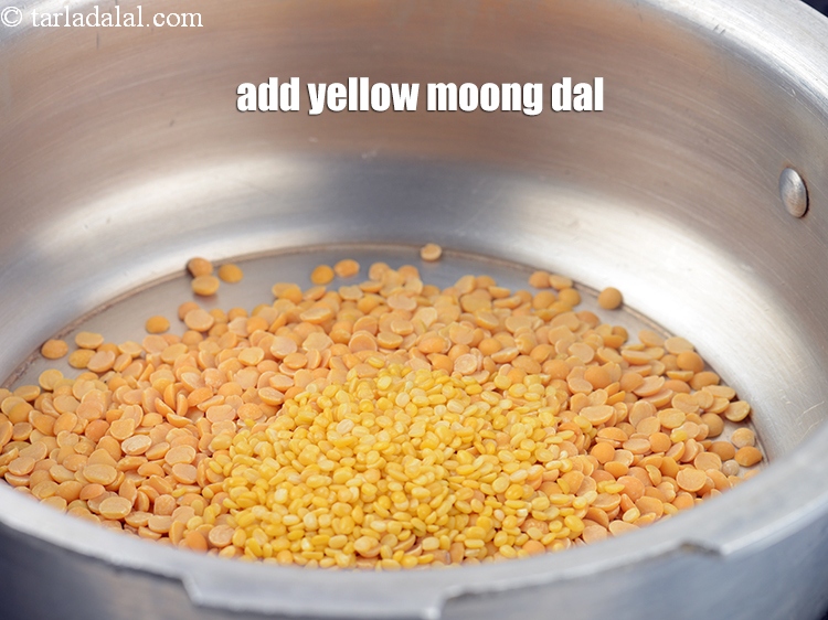 Step 5 – Add 2 tsp <a href="https://www.tarladalal.com/glossary-yellow-moong-dal-split-yellow-gram-peeli-moong-dal-488i">yellow moong dal (split yellow gram)</a>&nbsp;, washed and drained.
