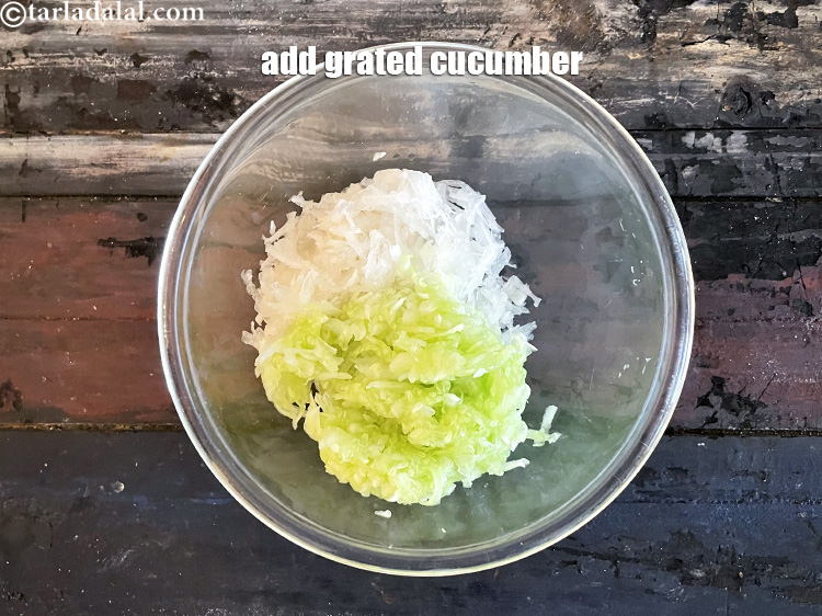 Step 8 – Add&nbsp;<meta charset="UTF-8" />1/2 cup&nbsp;<a href="glossary-grated-cucumber-1058i">grated cucumber</a>.