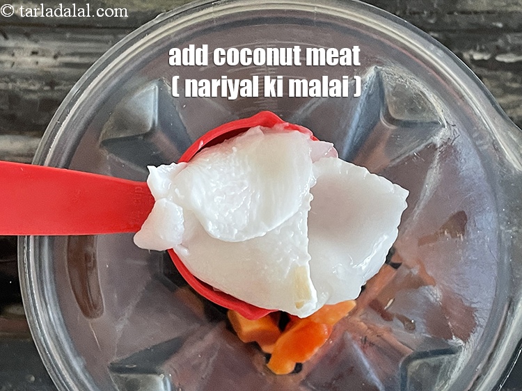 Step 9 – Add&nbsp;<meta charset="UTF-8" />1/4 cup&nbsp;<a href="glossary-coconut-meat-nariyal-ki-malai-1097i">coconut meat (nariyal ki malai)</a>. <u><em>See above on how to remove …
