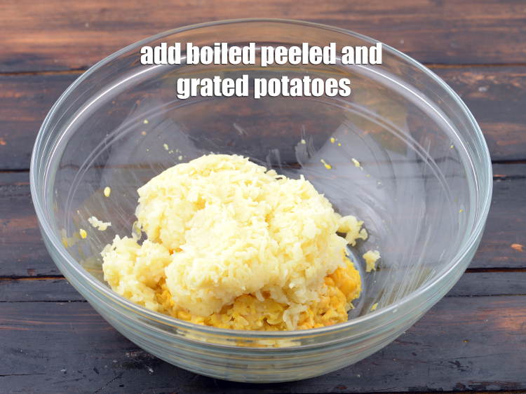 Step 4 – Add 1 1/4 cups&nbsp;<a href="https://www.tarladalal.com/glossary-boiled-peeled-and-grated-potatoes-2341i">boiled peeled and grated potatoes</a>.