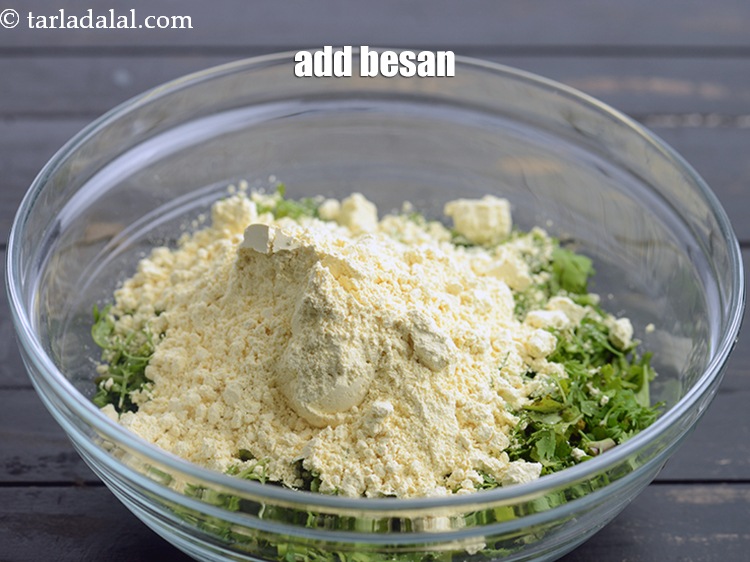Step 4 – Add 1 cup <a href="https://www.tarladalal.com/glossary-besan-chana-dal-flour-bengal-gram-flour-952i">besan (bengal gram flour)</a>.