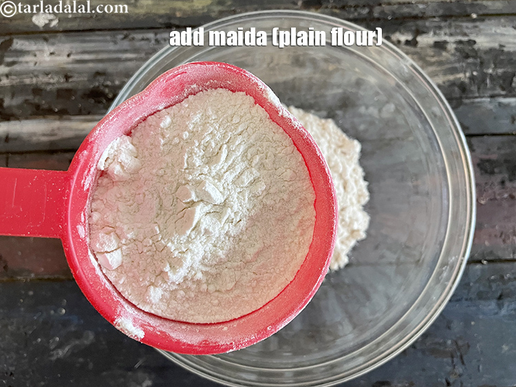 Step 4 – Add&nbsp;<meta charset="UTF-8" />3/4 cup&nbsp;<a href="glossary-plain-flour-maida-188i">plain flour (maida)</a>.