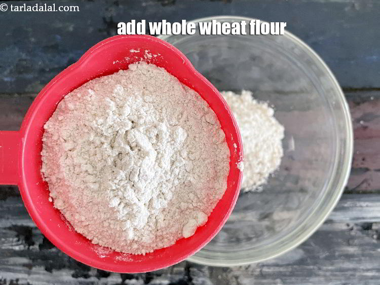 Step 4 – Add&nbsp;<meta charset="UTF-8" />3/4 cup&nbsp;<a href="glossary-whole-wheat-flour-gehun-ka-atta-gehun-ka-aata-429i">whole wheat flour (gehun ka atta)</a>.
