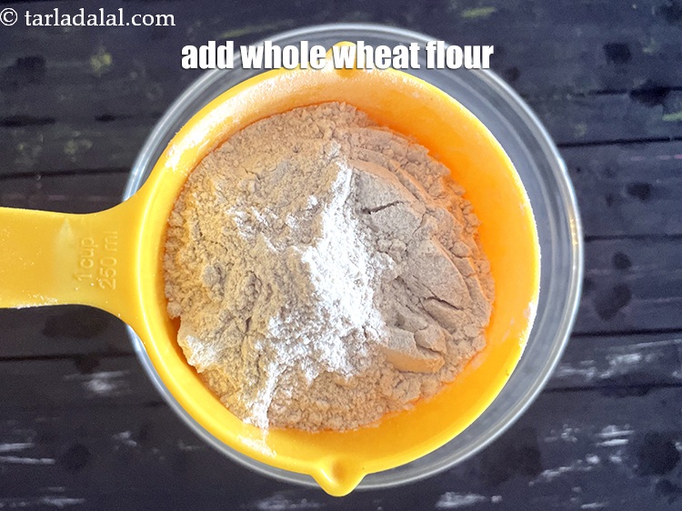 Step 5 – Add&nbsp;<meta charset="UTF-8" />3/4 cup&nbsp;<a href="glossary-whole-wheat-flour-gehun-ka-atta-gehun-ka-aata-429i">whole wheat flour (gehun ka atta)</a>.