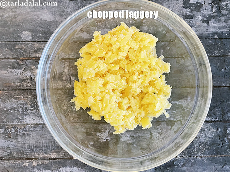Step 4 – Chop the 1 cup gur (jaggery) and put in a glass bowl.