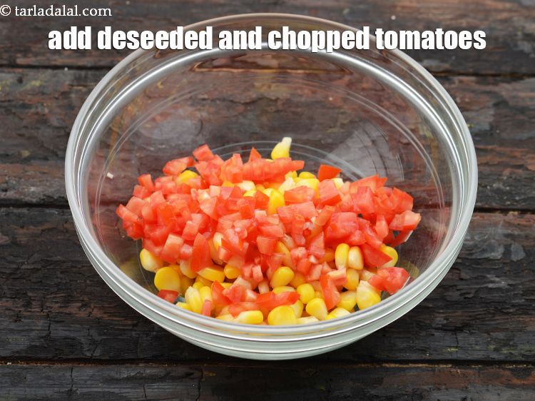 Step 4 – Add 1/4 cup&nbsp;deseeded and&nbsp;<a href="https://www.tarladalal.com/glossary-chopped-tomatoes-779i">chopped tomatoes</a>.