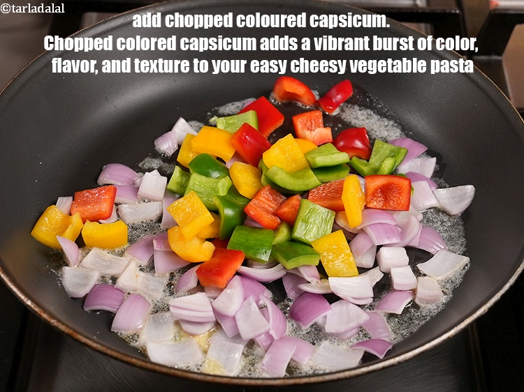Step 5 – Add &frac12; cup <a href="https://www.tarladalal.com/glossary-chopped-coloured-capsicum-2800i">chopped coloured capsicum</a>. Chopped colored capsicum adds a vibrant burst of …