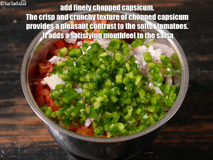 Step 5 – Add &frac14; cup finely <a href="https://www.tarladalal.com/glossary-chopped-capsicum-164i">chopped capsicum</a>. The crisp and crunchy texture of chopped capsicum …