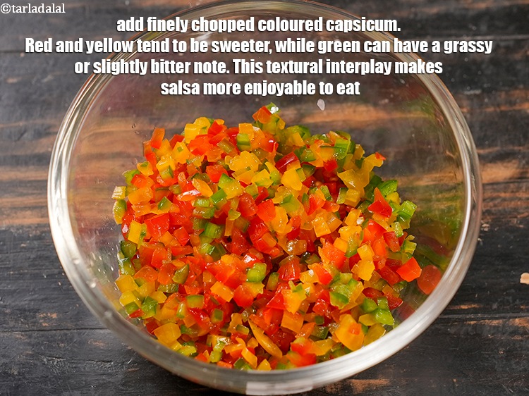 Step 5 – Add &frac12; cup finely <a href="https://www.tarladalal.com/glossary-chopped-coloured-capsicum-2800i">chopped coloured capsicum</a>. Red and yellow tend to be sweeter, …