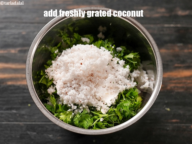 Step 6 – Add &frac14; cup freshly <a href="https://www.tarladalal.com/glossary-grated-coconut-852i">grated coconut</a>.
