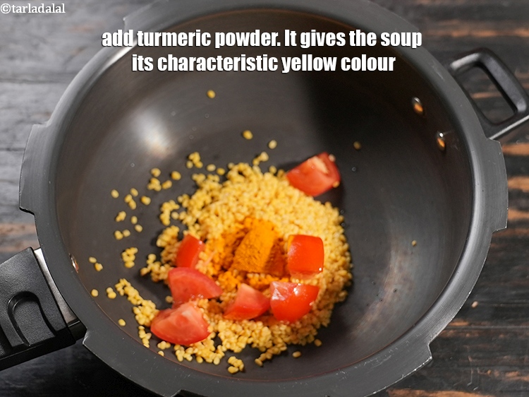 Step 5 – Add &frac14; tsp&nbsp;<a href="https://www.tarladalal.com/glossary-turmeric-powder-haldi-645i">turmeric powder (haldi)</a>. It gives the soup its characteristic yellow colour.