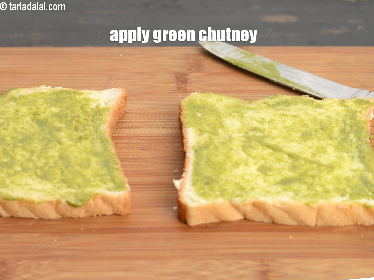 Step 6 – Apply 1 tsp <a href="https://www.tarladalal.com/green-chutney-22266r">green chutney</a> on both the bread slices.&nbsp;