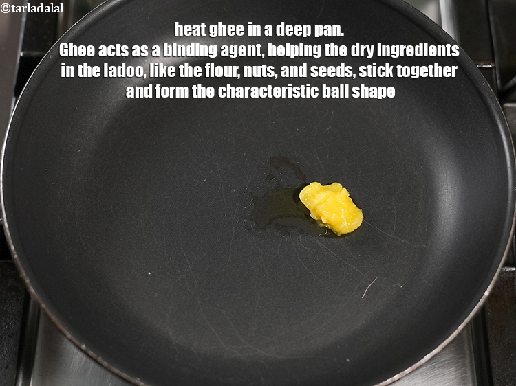 Step 5 – Heat 1 tsp <a href="https://www.tarladalal.com/glossary-ghee-245i">ghee</a> in a deep pan. Ghee acts as a binding agent, …
