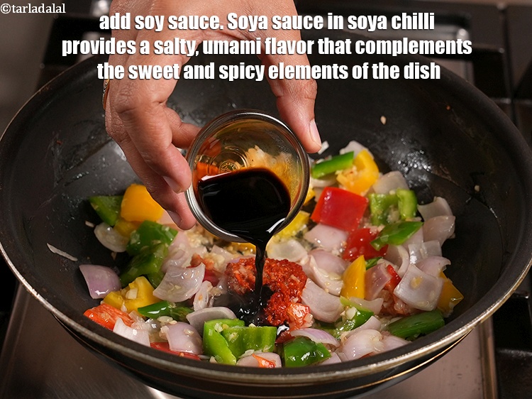 Step 32 – Add &frac12; tbsp <a href="https://www.tarladalal.com/glossary-soy-sauce-soya-sauce-864i">soy sauce</a>. Soya sauce in soya chilli provides a salty, umami …