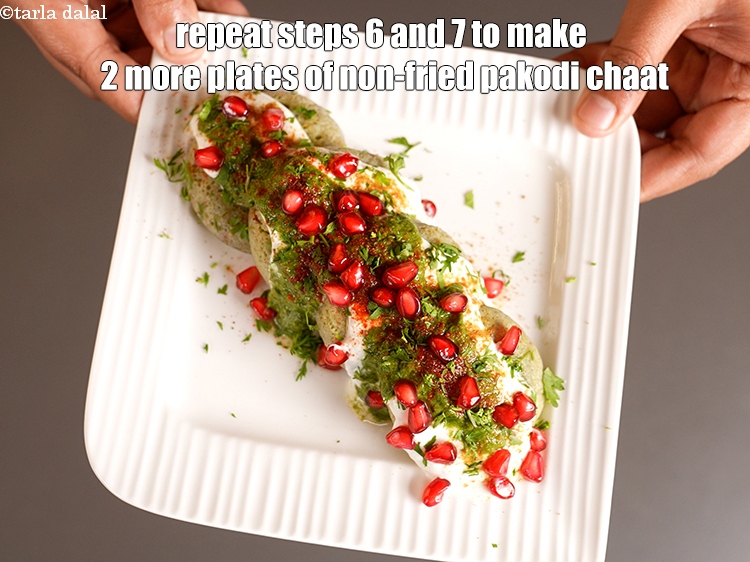 Step 32 – Repeat steps 6 and 7 to make 2 more plates of non-fried pakodi chaat.&nbsp;