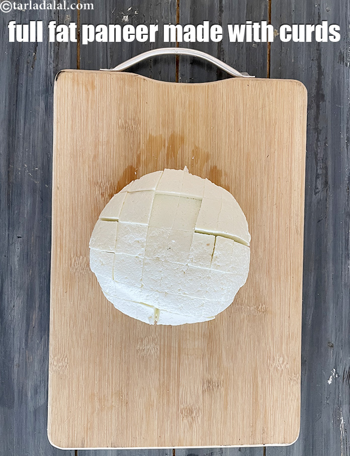 Step 44 – Cut <strong>buffalo milk paneer made with curds</strong>&nbsp;into cubes and use as required.