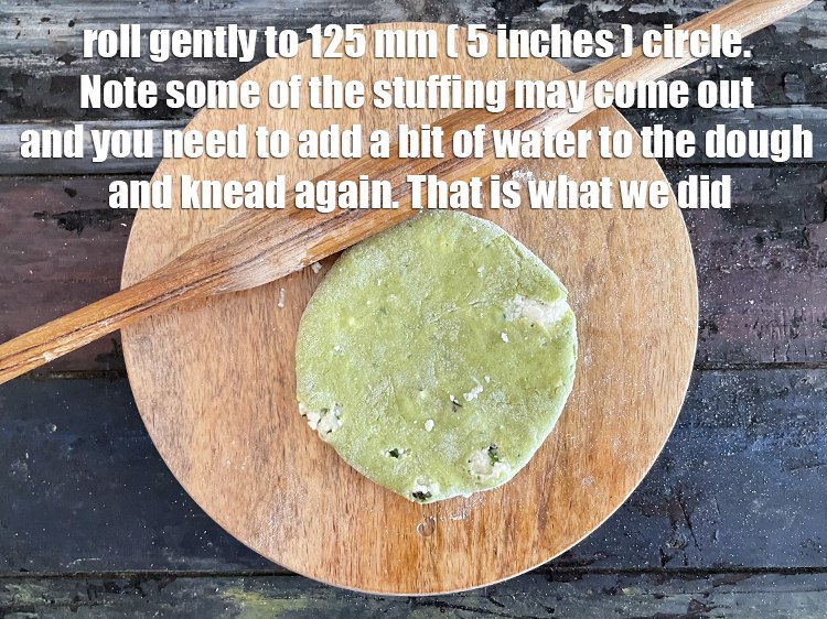 Step 34 – Roll out again into a thick paratha of 125 mm. (5&quot;) diameter. Note that roll …