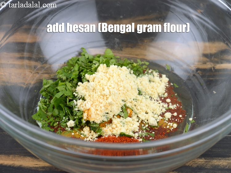 Step 34 – Add 1 tsp&nbsp;<a href="https://www.tarladalal.com/glossary-besan-chana-dal-flour-bengal-gram-flour-952i">besan (bengal gram flour)</a>.&nbsp;