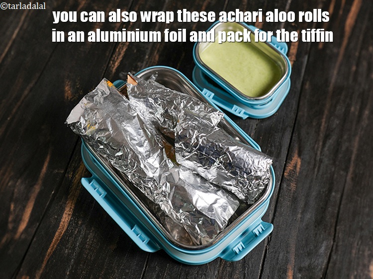 Step 35 – You can also wrap these&nbsp;<strong>achari aloo rolls </strong>in an aluminium foil and pack for the …