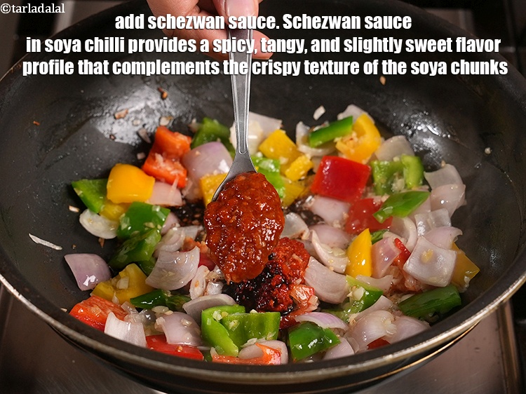 Step 33 – Add 1 tbsp <a href="https://www.tarladalal.com/glossary-schezwan-sauce-schezuan-sauce-1872i">schezwan sauce</a>. Schezwan sauce in soya chilli provides a spicy, tangy, …