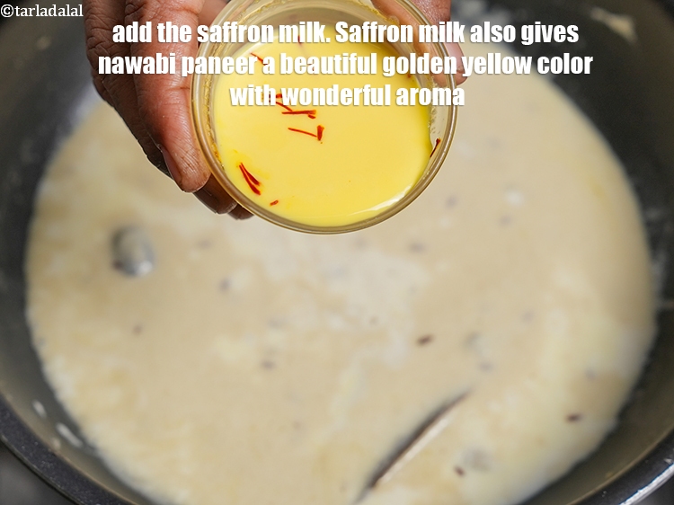 Step 47 – Add the saffron milk. Saffron milk also gives nawabi paneer a beautiful golden yellow color …