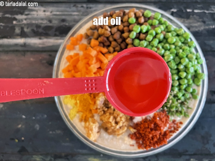 Step 33 – Add 2 tbls oil. We suggest coconut oil or olive oil to make the dhokla …