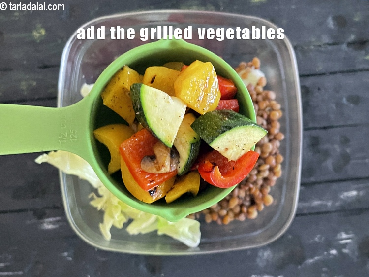 Step 33 – Add&nbsp;grilled vegetables. See above on grilling of vegetables.
